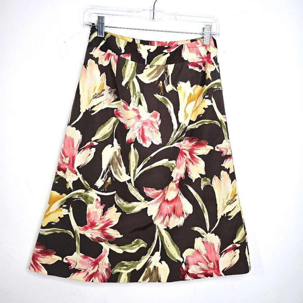 Vintage Talbots Petites Y2K Silk Brown Pink Watercolor Floral A Line Midi Skirt